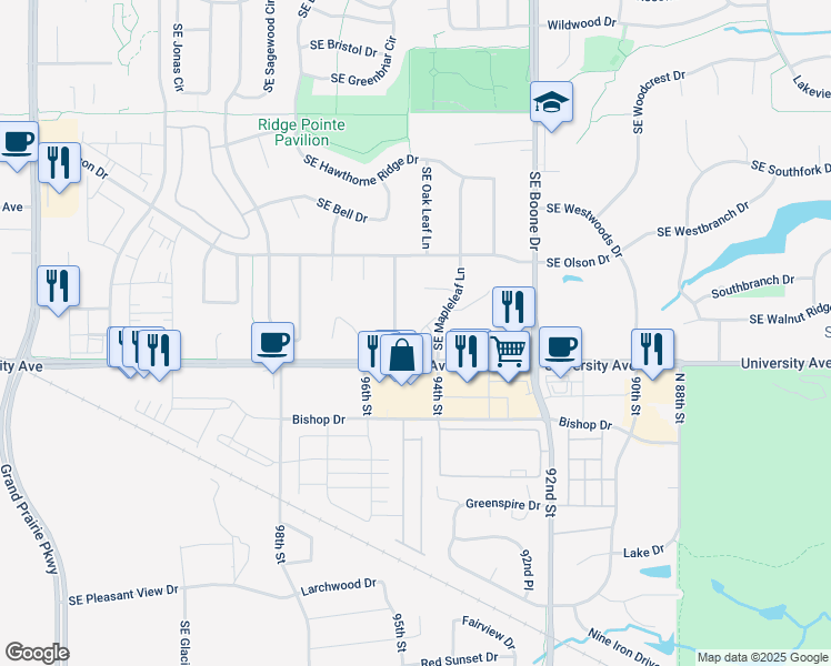 map of restaurants, bars, coffee shops, grocery stores, and more near 1165 Southeast Indigo Lane in Waukee