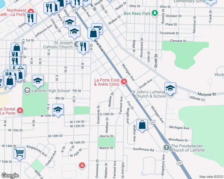 map of restaurants, bars, coffee shops, grocery stores, and more near 401 Hiawatha Avenue in La Porte