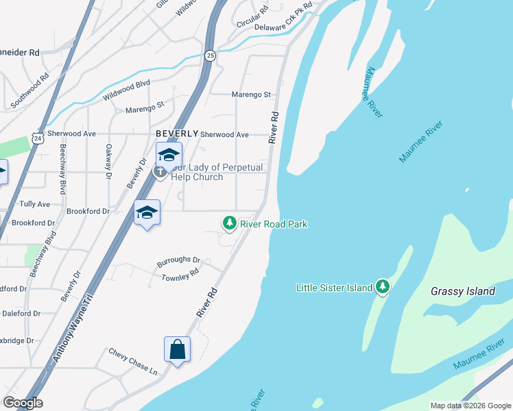 map of restaurants, bars, coffee shops, grocery stores, and more near 3554 River Road in Toledo