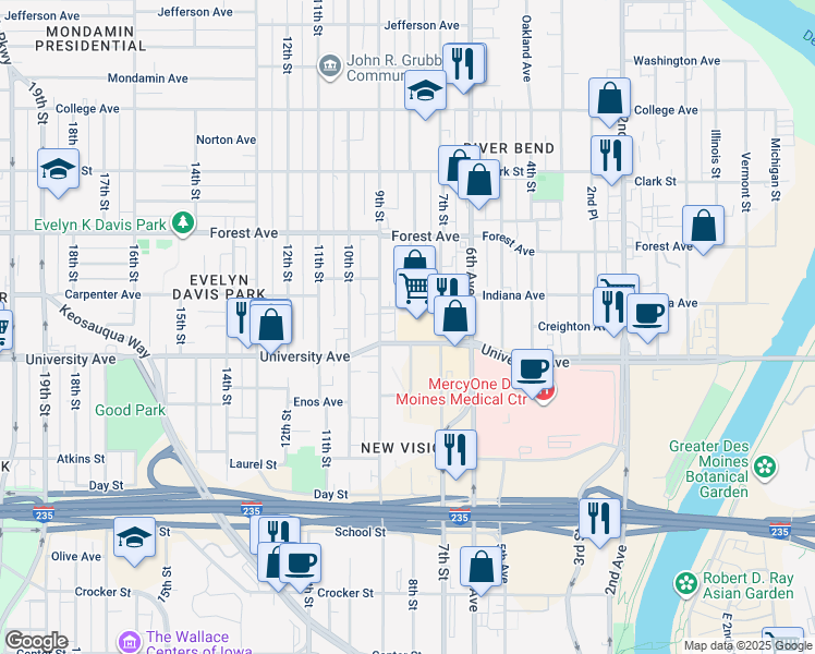 map of restaurants, bars, coffee shops, grocery stores, and more near 801 University Avenue in Des Moines