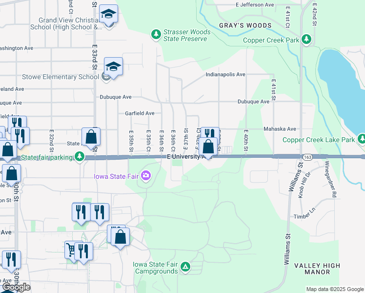 map of restaurants, bars, coffee shops, grocery stores, and more near 1218 East 37th Street in Des Moines
