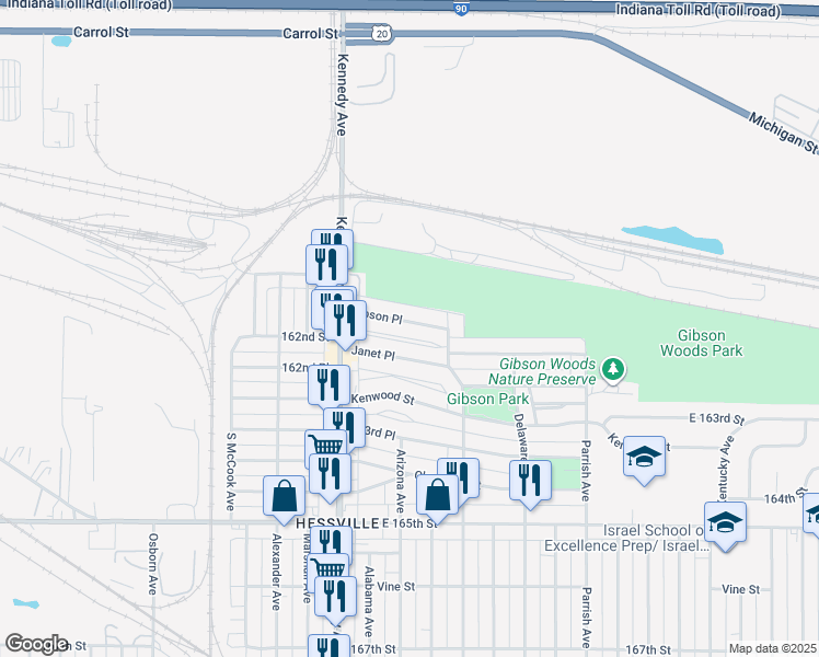 map of restaurants, bars, coffee shops, grocery stores, and more near 2918 Gibson Place in Hammond