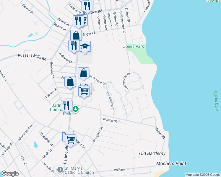 map of restaurants, bars, coffee shops, grocery stores, and more near 26 Sea Breeze Drive in Dartmouth