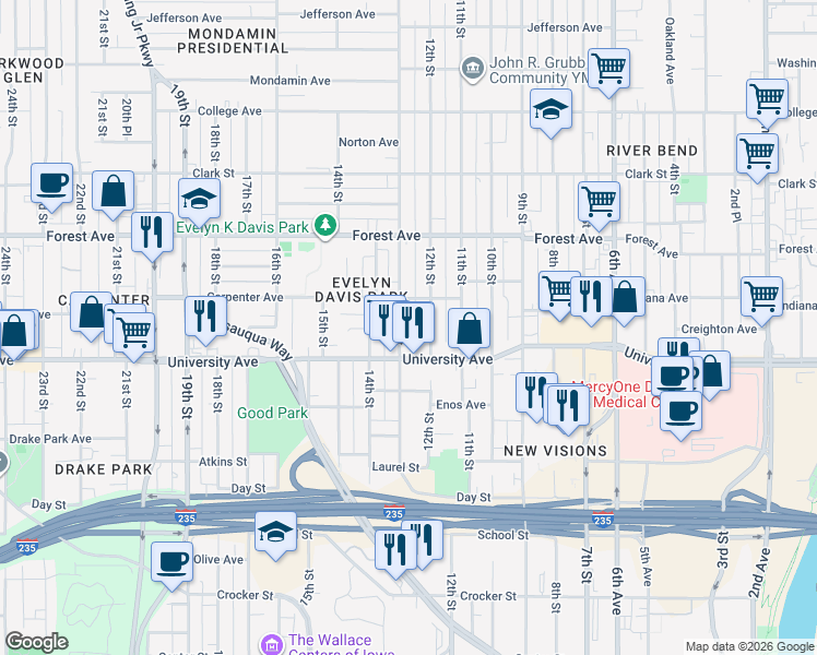 map of restaurants, bars, coffee shops, grocery stores, and more near 1214 13th Street in Des Moines