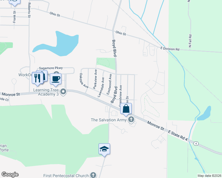 map of restaurants, bars, coffee shops, grocery stores, and more near 103 Eastwood Avenue in La Porte