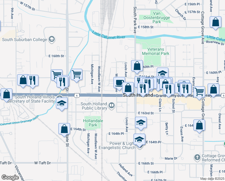 map of restaurants, bars, coffee shops, grocery stores, and more near 240 East 162nd Street in South Holland
