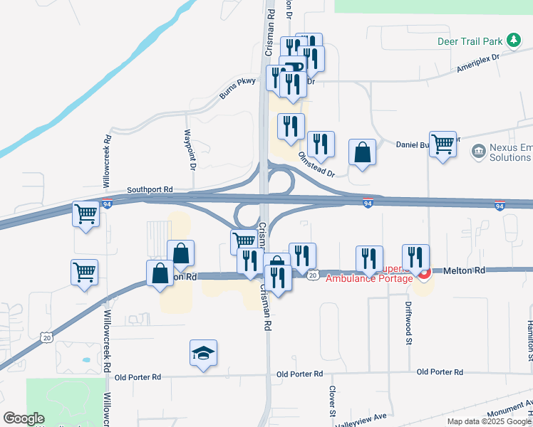 map of restaurants, bars, coffee shops, grocery stores, and more near Crisman Road in Portage