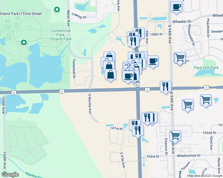 map of restaurants, bars, coffee shops, grocery stores, and more near 9744 U.S. Route 6 in Illinois in Orland Park