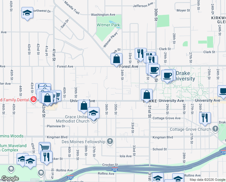 map of restaurants, bars, coffee shops, grocery stores, and more near 3517 University Avenue in Des Moines
