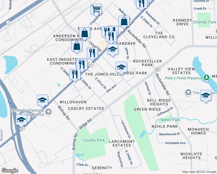 map of restaurants, bars, coffee shops, grocery stores, and more near 29106 Elm Avenue in Wickliffe