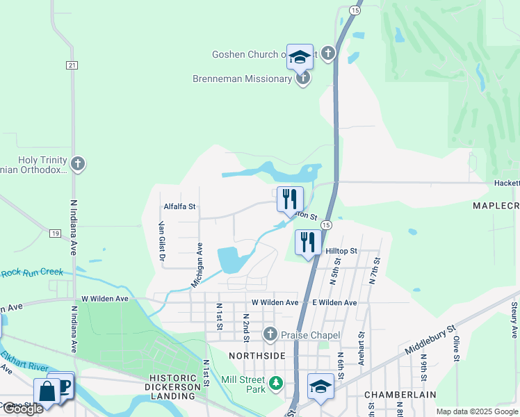 map of restaurants, bars, coffee shops, grocery stores, and more near 336 Stone Drive in Goshen