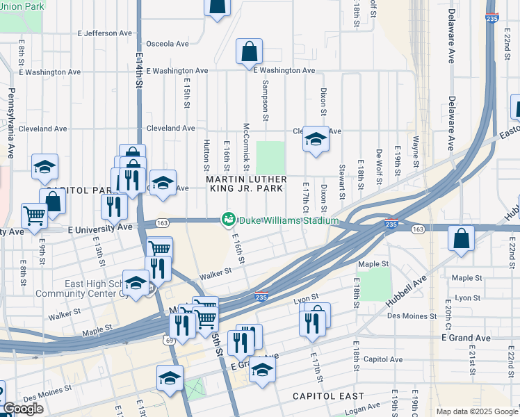map of restaurants, bars, coffee shops, grocery stores, and more near 1640 East University Avenue in Des Moines