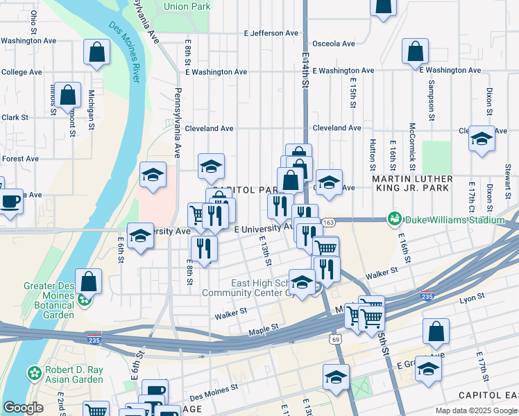 map of restaurants, bars, coffee shops, grocery stores, and more near 1217 East 13th Street in Des Moines