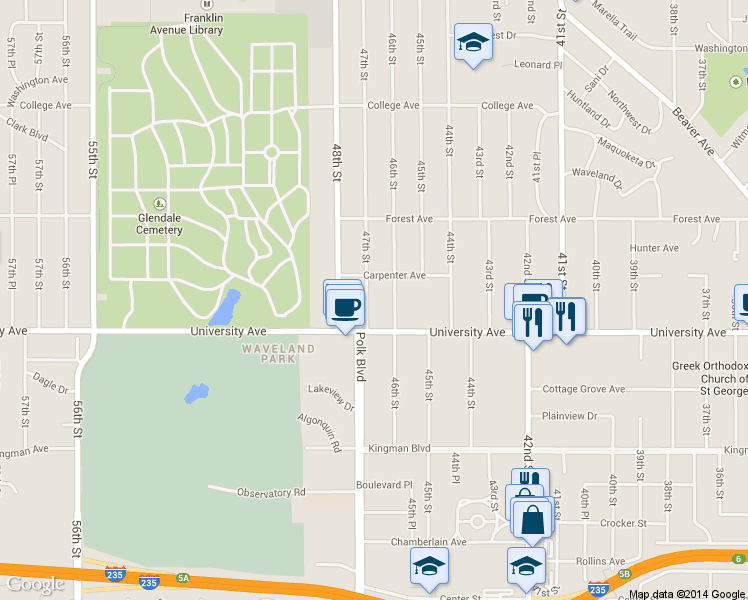 map of restaurants, bars, coffee shops, grocery stores, and more near 1219 47th Street in Des Moines