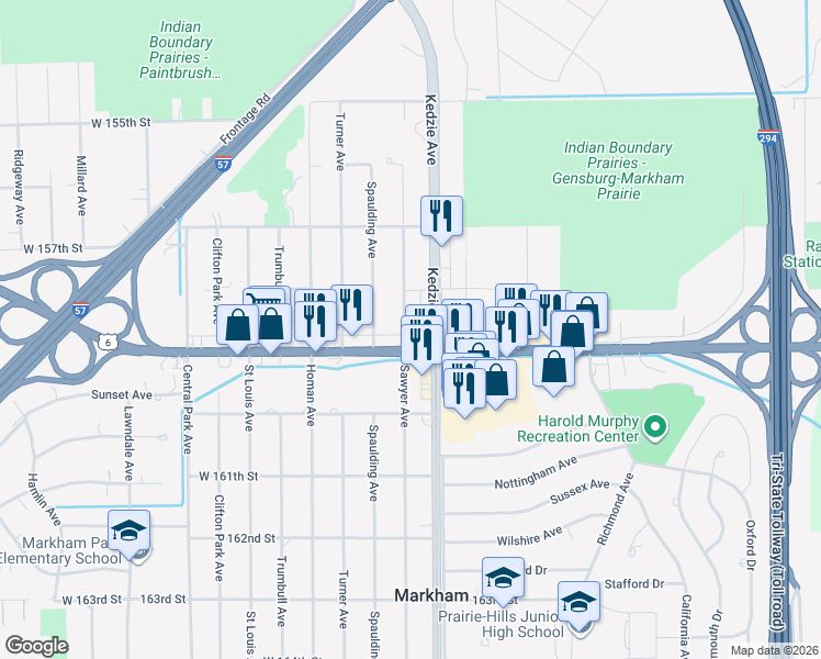 map of restaurants, bars, coffee shops, grocery stores, and more near 15837 Sawyer Avenue in Markham