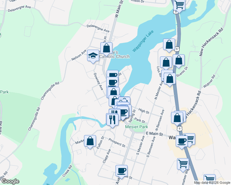 map of restaurants, bars, coffee shops, grocery stores, and more near 2694 West Main Street in Wappingers Falls