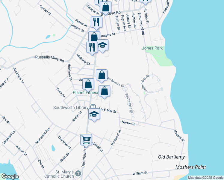 map of restaurants, bars, coffee shops, grocery stores, and more near 198 Sun and Sea Drive in Dartmouth