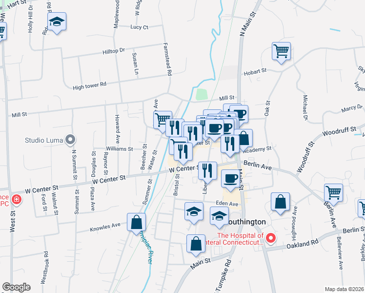map of restaurants, bars, coffee shops, grocery stores, and more near 62 South Center Street in Southington