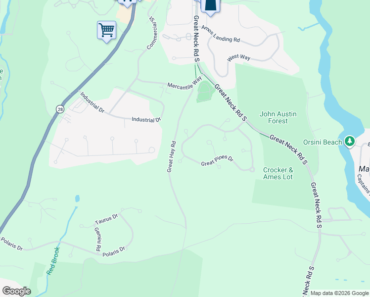 map of restaurants, bars, coffee shops, grocery stores, and more near 101 Great Pines Drive in Mashpee