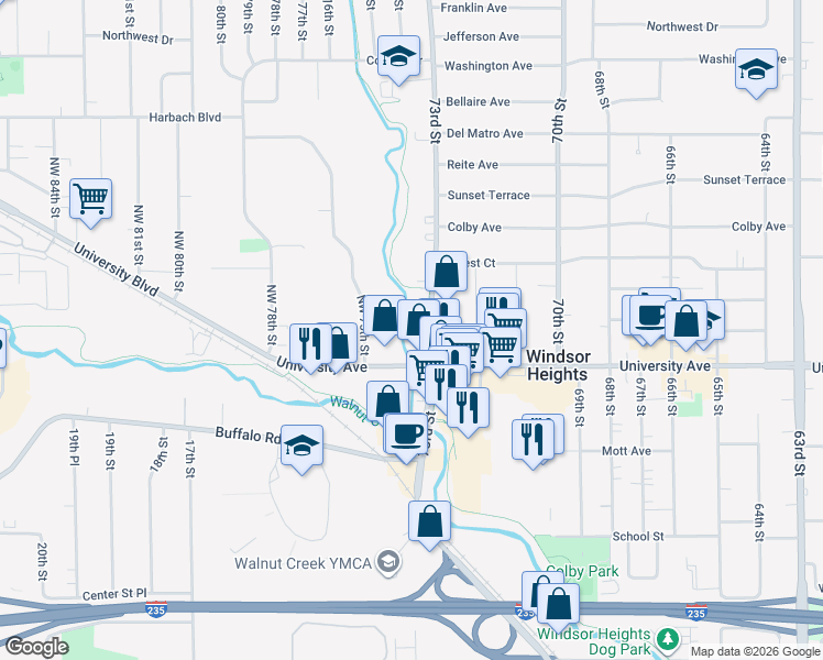 map of restaurants, bars, coffee shops, grocery stores, and more near 1250 73rd Street in Windsor Heights
