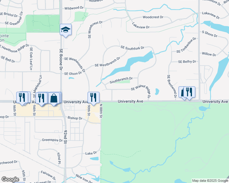 map of restaurants, bars, coffee shops, grocery stores, and more near 806 Southeast Manor Drive in Waukee