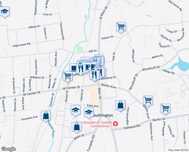 map of restaurants, bars, coffee shops, grocery stores, and more near 52 Main Street in Southington