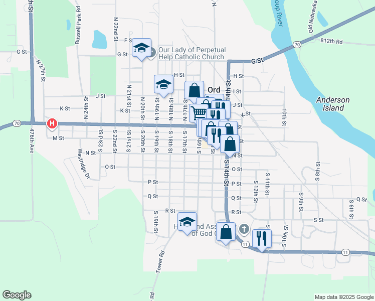 map of restaurants, bars, coffee shops, grocery stores, and more near 1640 N Street in Ord