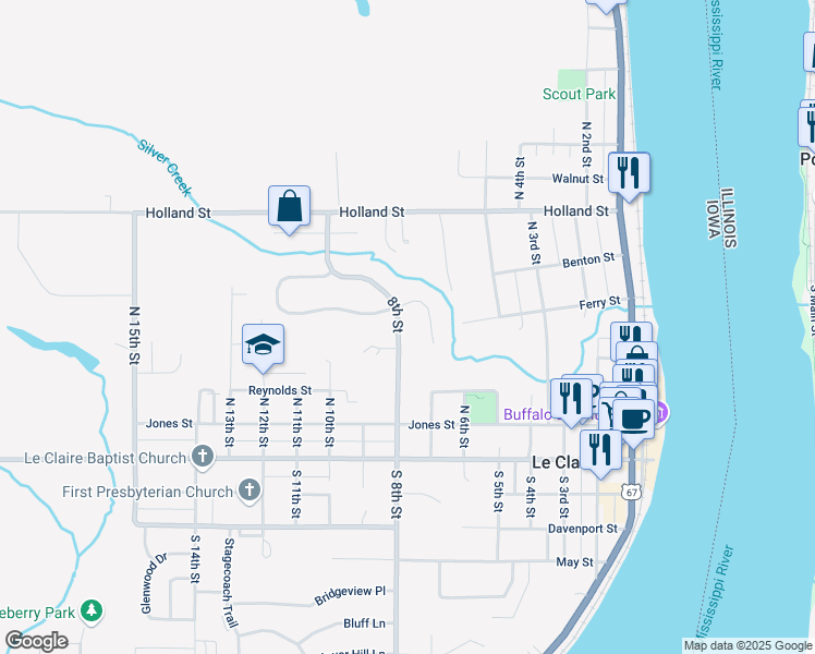 map of restaurants, bars, coffee shops, grocery stores, and more near 309 8th Street in Le Claire