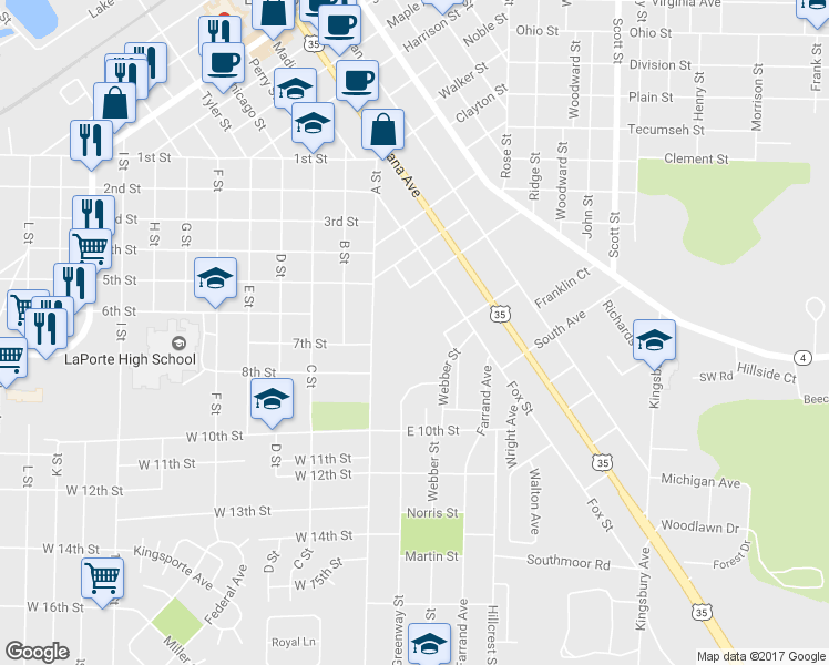 map of restaurants, bars, coffee shops, grocery stores, and more near 408 Fox Street in La Porte