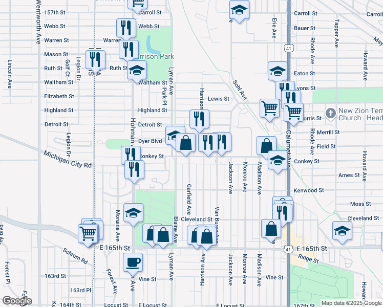 map of restaurants, bars, coffee shops, grocery stores, and more near 422 Conkey Street in Hammond