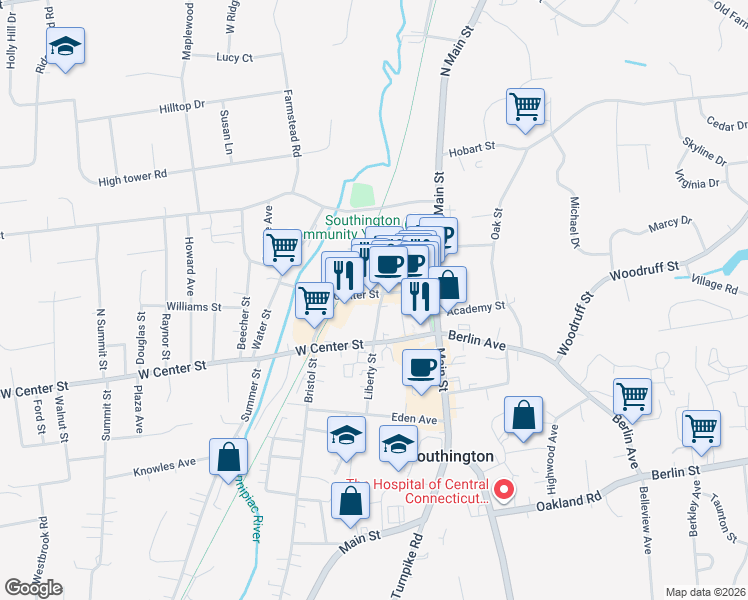 map of restaurants, bars, coffee shops, grocery stores, and more near 31 Liberty Street in Southington