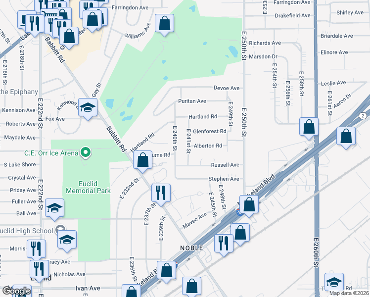 map of restaurants, bars, coffee shops, grocery stores, and more near 732 East 241st Street in Euclid