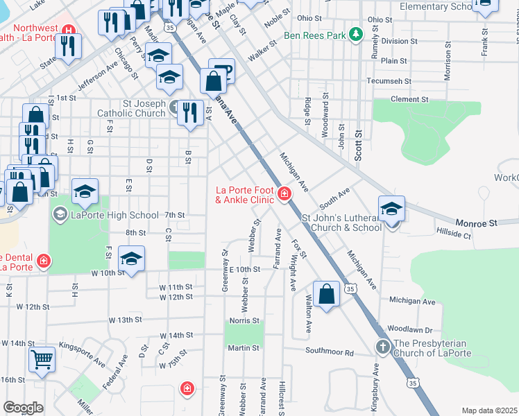 map of restaurants, bars, coffee shops, grocery stores, and more near 401 Hiawatha Avenue in La Porte