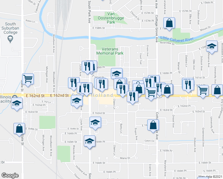 map of restaurants, bars, coffee shops, grocery stores, and more near in South Holland