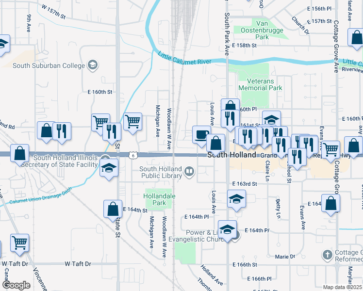 map of restaurants, bars, coffee shops, grocery stores, and more near 156 East 162nd Street in South Holland