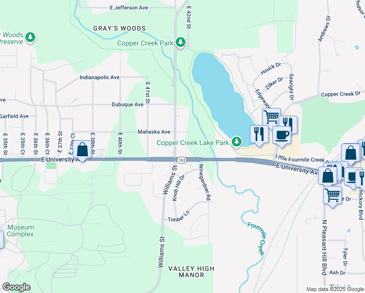 map of restaurants, bars, coffee shops, grocery stores, and more near 4150 East University Avenue in Des Moines