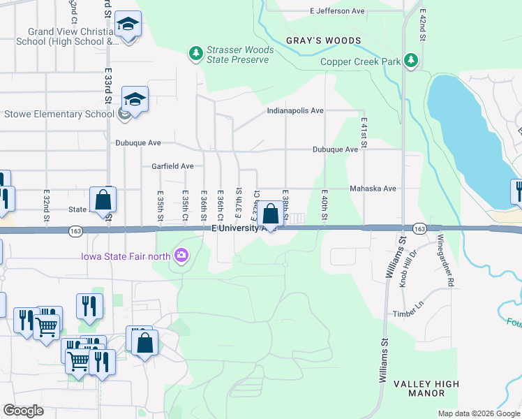 map of restaurants, bars, coffee shops, grocery stores, and more near 3750 East University Avenue in Des Moines
