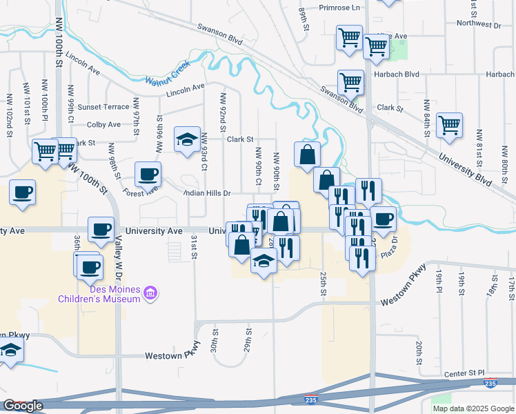 map of restaurants, bars, coffee shops, grocery stores, and more near 1228 Northwest 90th Street in Clive
