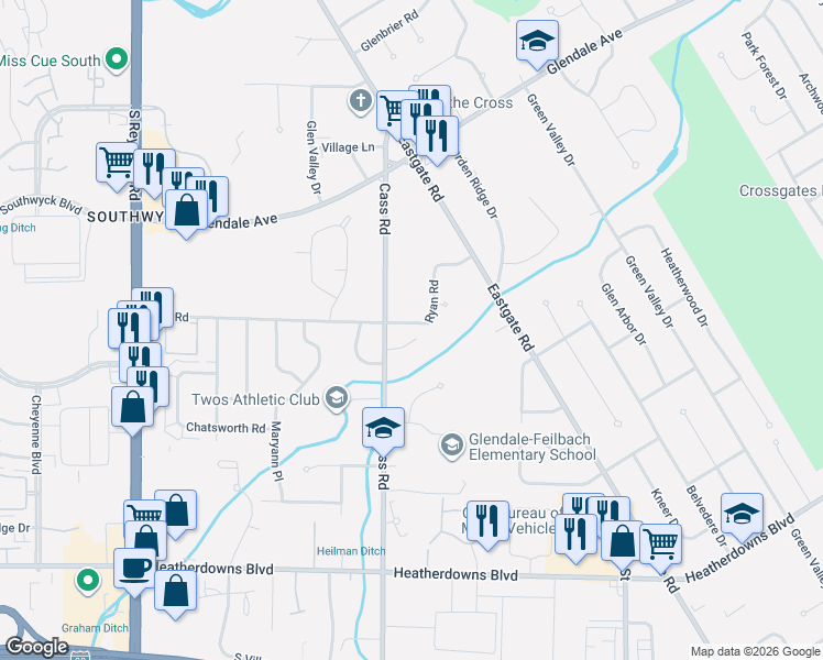 map of restaurants, bars, coffee shops, grocery stores, and more near 4773 Ryan Ridge Place in Toledo