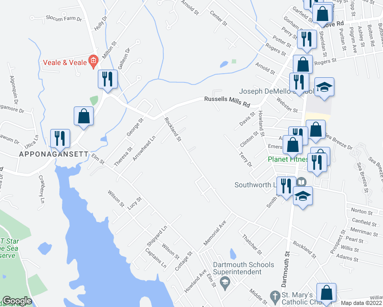 map of restaurants, bars, coffee shops, grocery stores, and more near 211 Rockland Street in Dartmouth