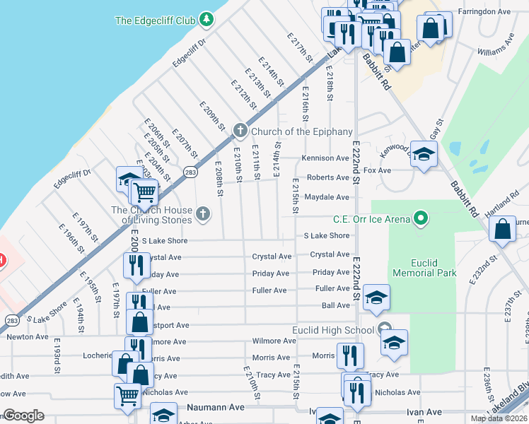 map of restaurants, bars, coffee shops, grocery stores, and more near 355 East 211th Street in Euclid