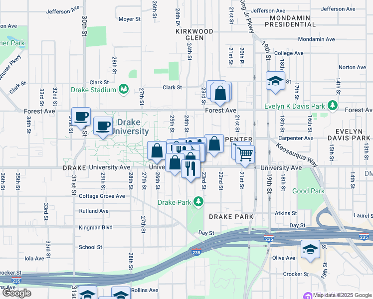 map of restaurants, bars, coffee shops, grocery stores, and more near 2320 Carpenter Avenue in Des Moines