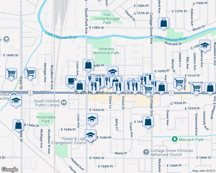 map of restaurants, bars, coffee shops, grocery stores, and more near in South Holland