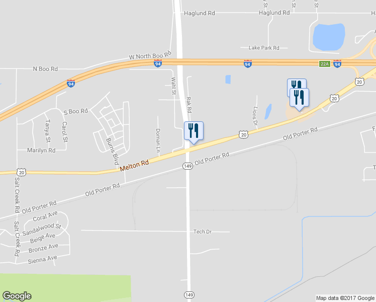 map of restaurants, bars, coffee shops, grocery stores, and more near Highway 149 in Valparaiso