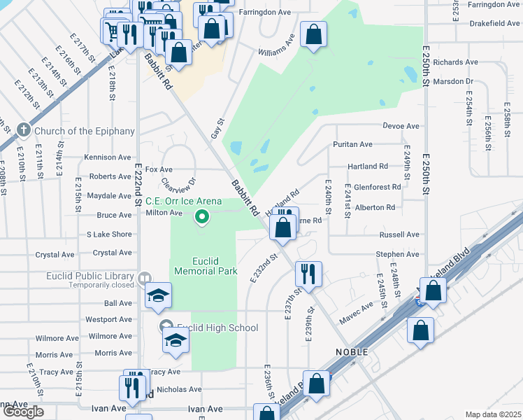 map of restaurants, bars, coffee shops, grocery stores, and more near 633 Babbitt Road in Euclid
