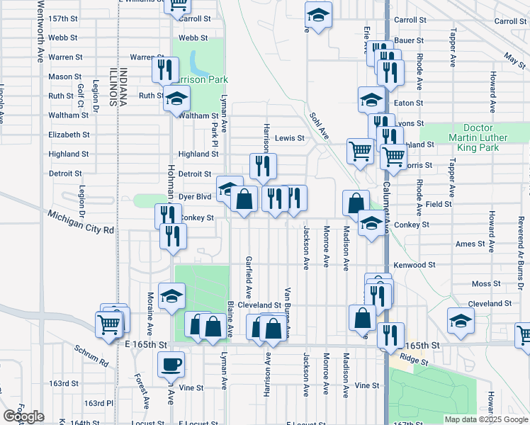 map of restaurants, bars, coffee shops, grocery stores, and more near 504 Conkey Street in Hammond