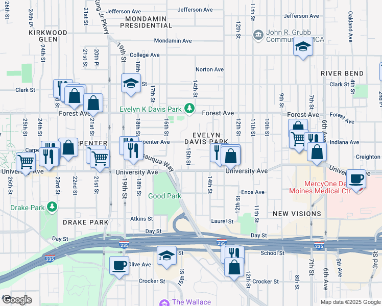 map of restaurants, bars, coffee shops, grocery stores, and more near 1212 15th Street in Des Moines