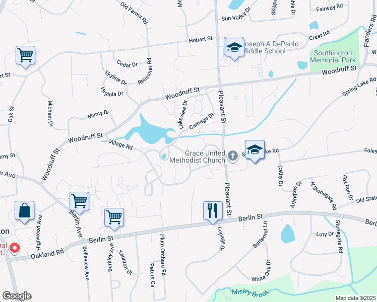 map of restaurants, bars, coffee shops, grocery stores, and more near 4 Village Road in Southington