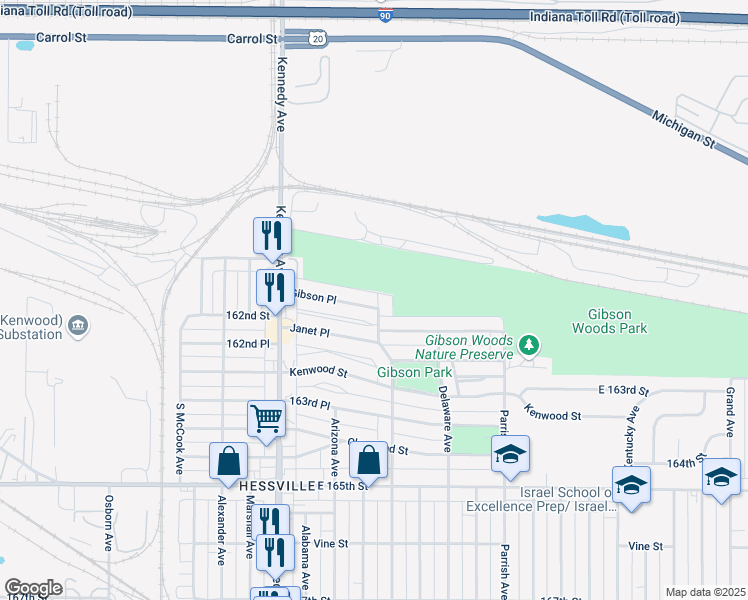 map of restaurants, bars, coffee shops, grocery stores, and more near 2948 Gibson Place in Hammond