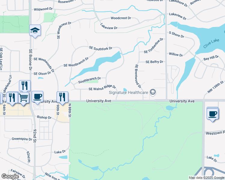 map of restaurants, bars, coffee shops, grocery stores, and more near 800 Southeast Walnut Ridge Drive in Waukee